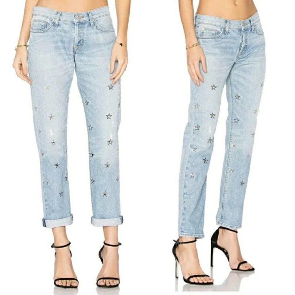 Hudson Riley Crop Boyfriend style Jeans Sz 26 Embroidered Stars
